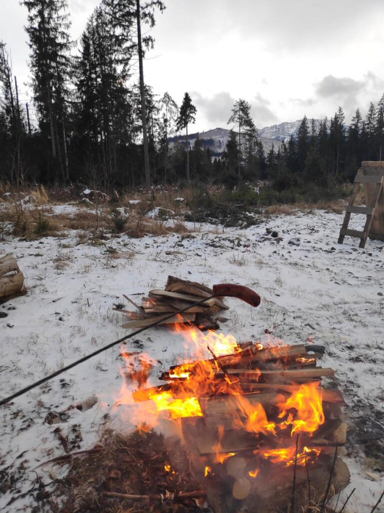 Pieczenie kiełbasy nad ogniskiem na górskiej polanie